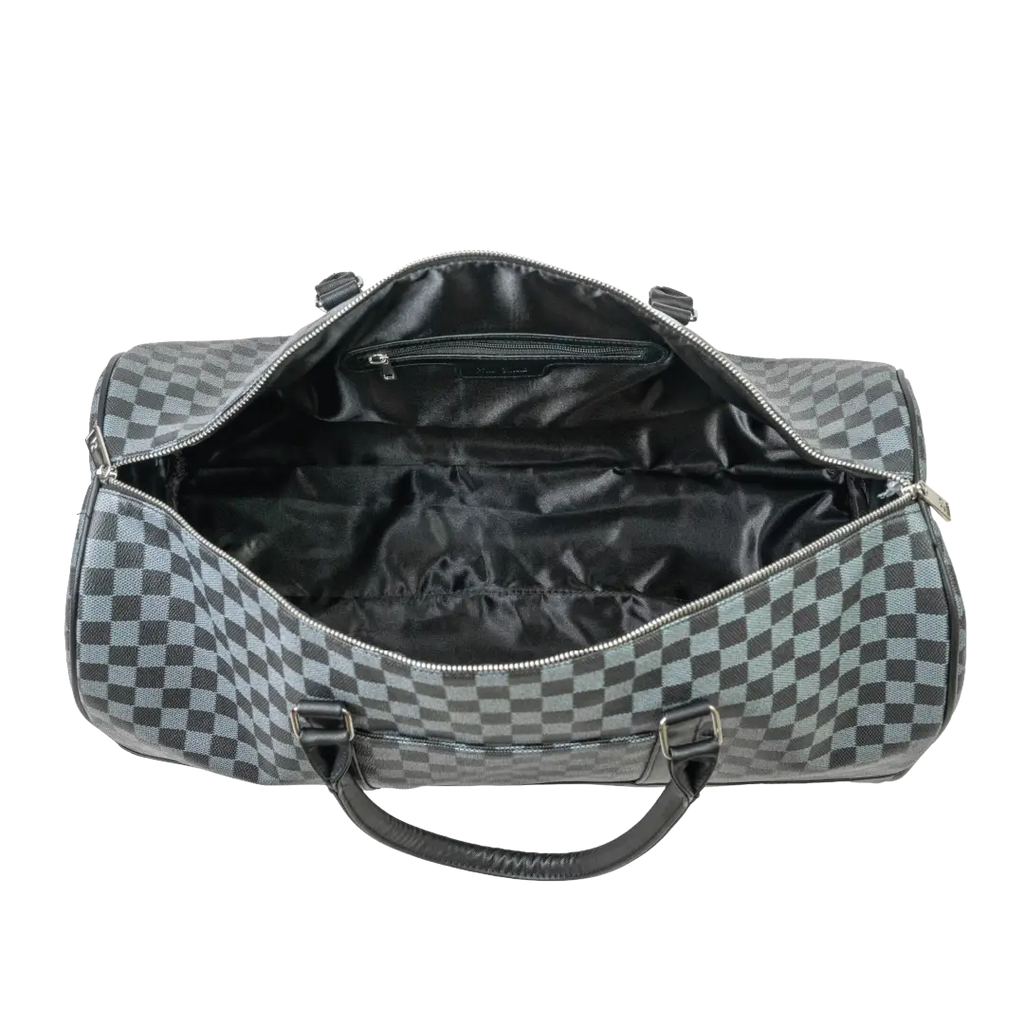 Gray and black checkered duffel bag with open top on a white background