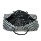 Gray and black checkered duffel bag with open top on a white background