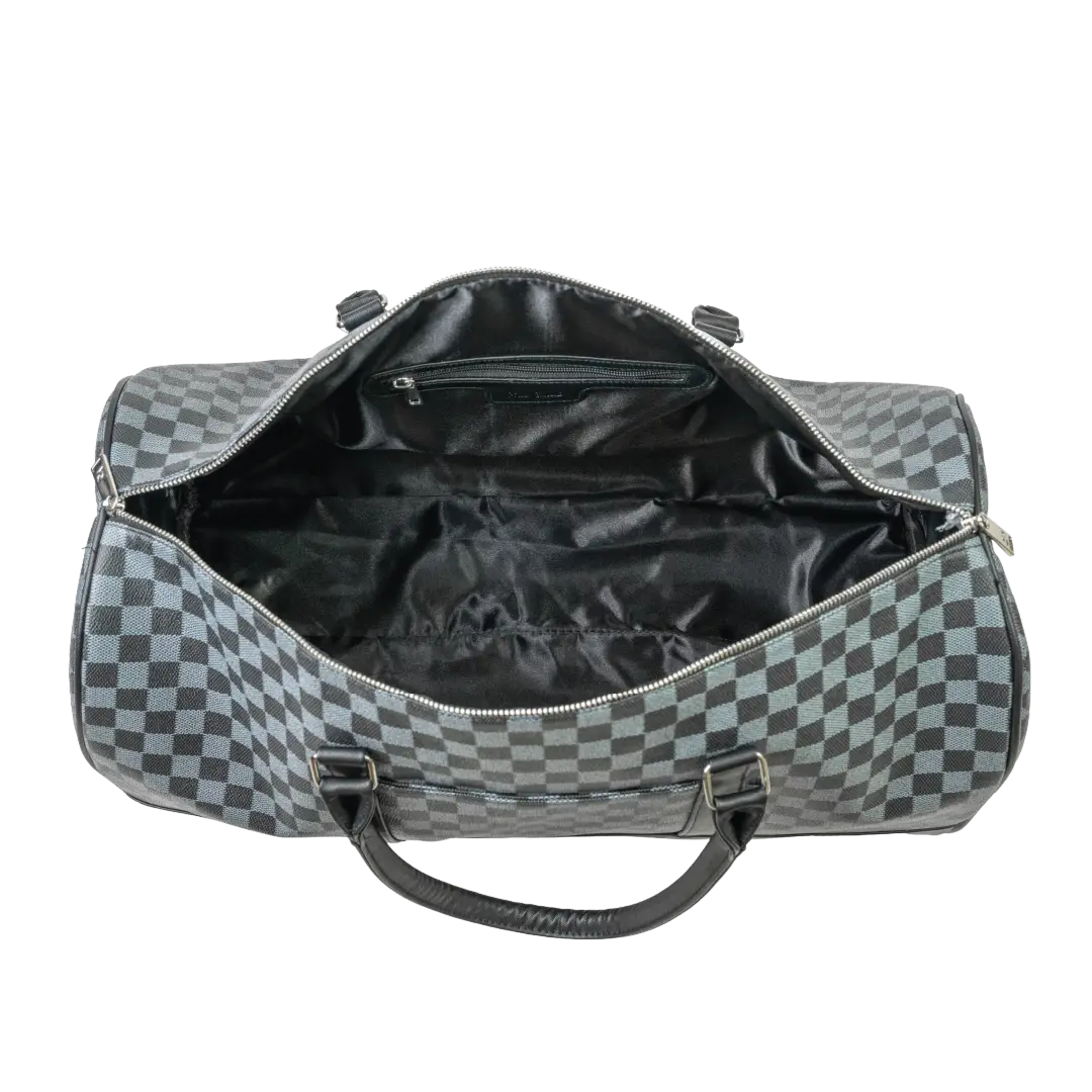 Gray and black checkered duffel bag with open top on a white background