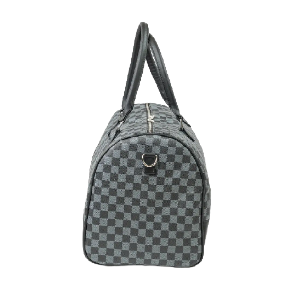 Gray checkered duffel bag with a visible brand logo on a white background