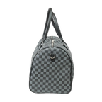 Gray checkered duffel bag with a visible brand logo on a white background