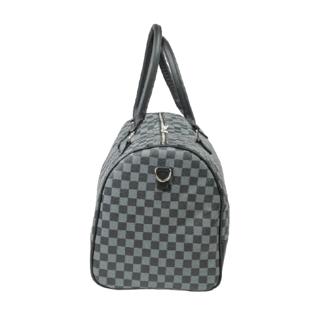 Gray checkered duffel bag with a visible brand logo on a white background