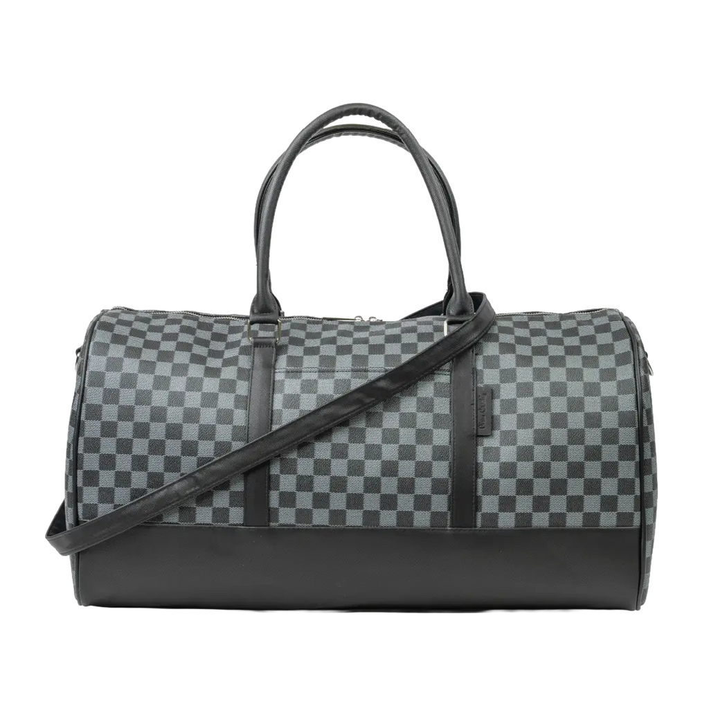 Checkered duffel bag with black accents on a white background