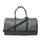 Checkered duffel bag with black accents on a white background