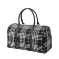 Black and white plaid duffel bag with black straps on a white background