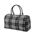 Black and white plaid duffel bag with black straps on a white background