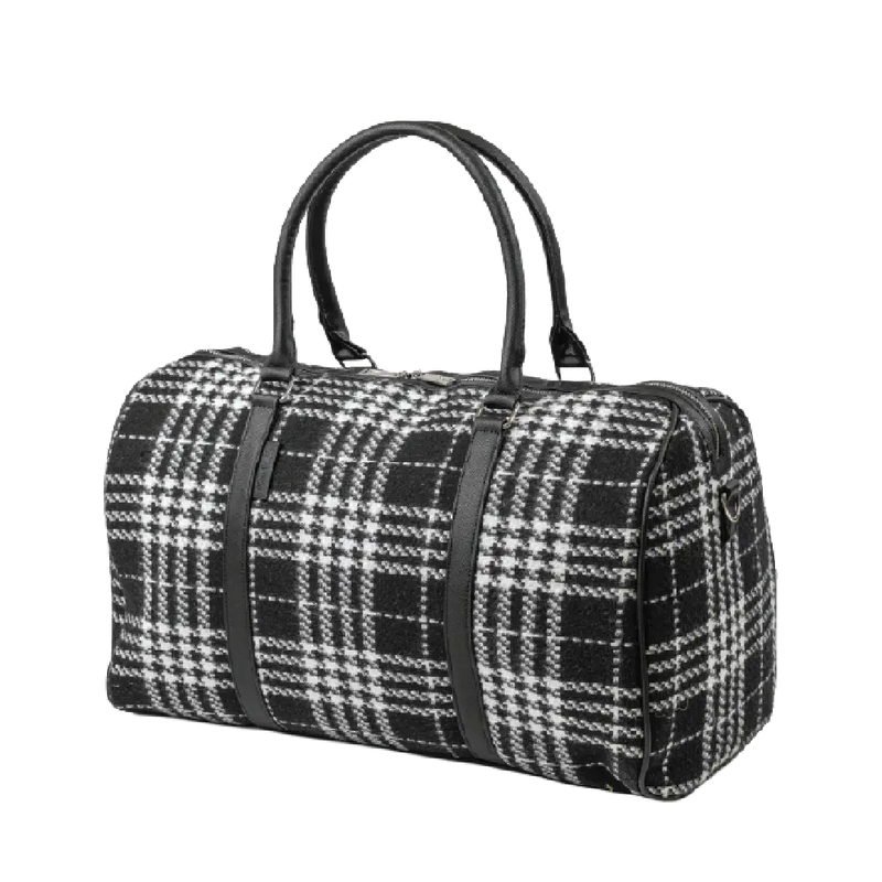 Black and white plaid duffel bag with black straps on a white background