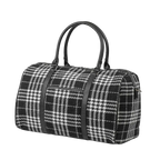 Black and white checkered duffel bag with black straps on a white background