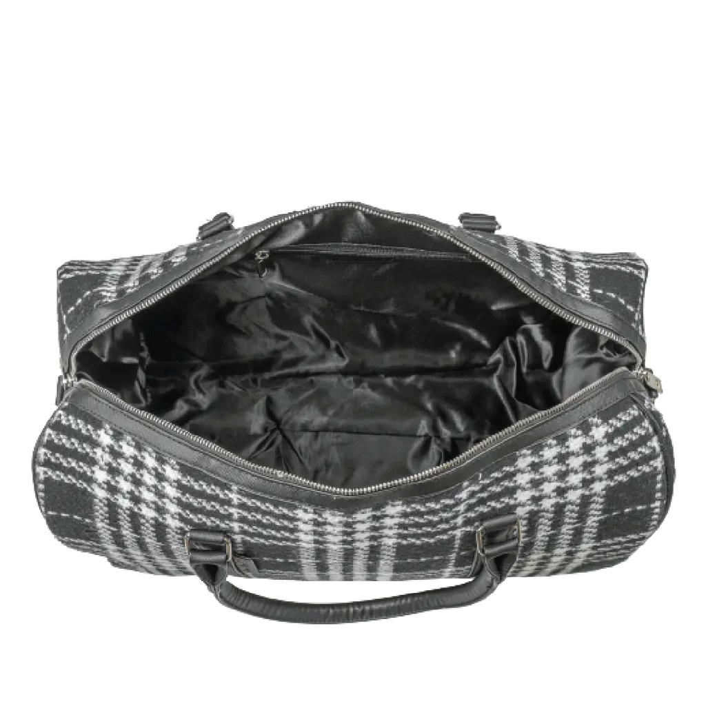 Black and white checkered duffel bag with open top on a white background