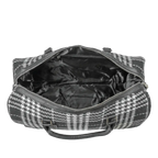 Black and white checkered duffel bag with open top on a white background