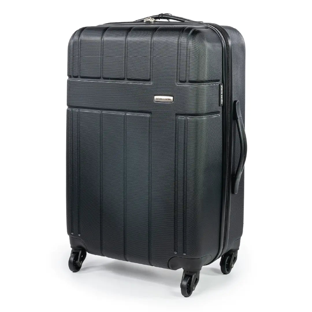 Black suitcase with a textured surface on a white background