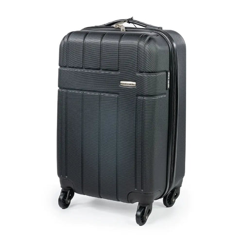 Black suitcase with wheels on a white background