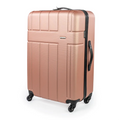 Rose gold suitcase with black handle and wheels on a white background