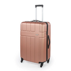 Rose gold suitcase with black handle and wheels on a white background
