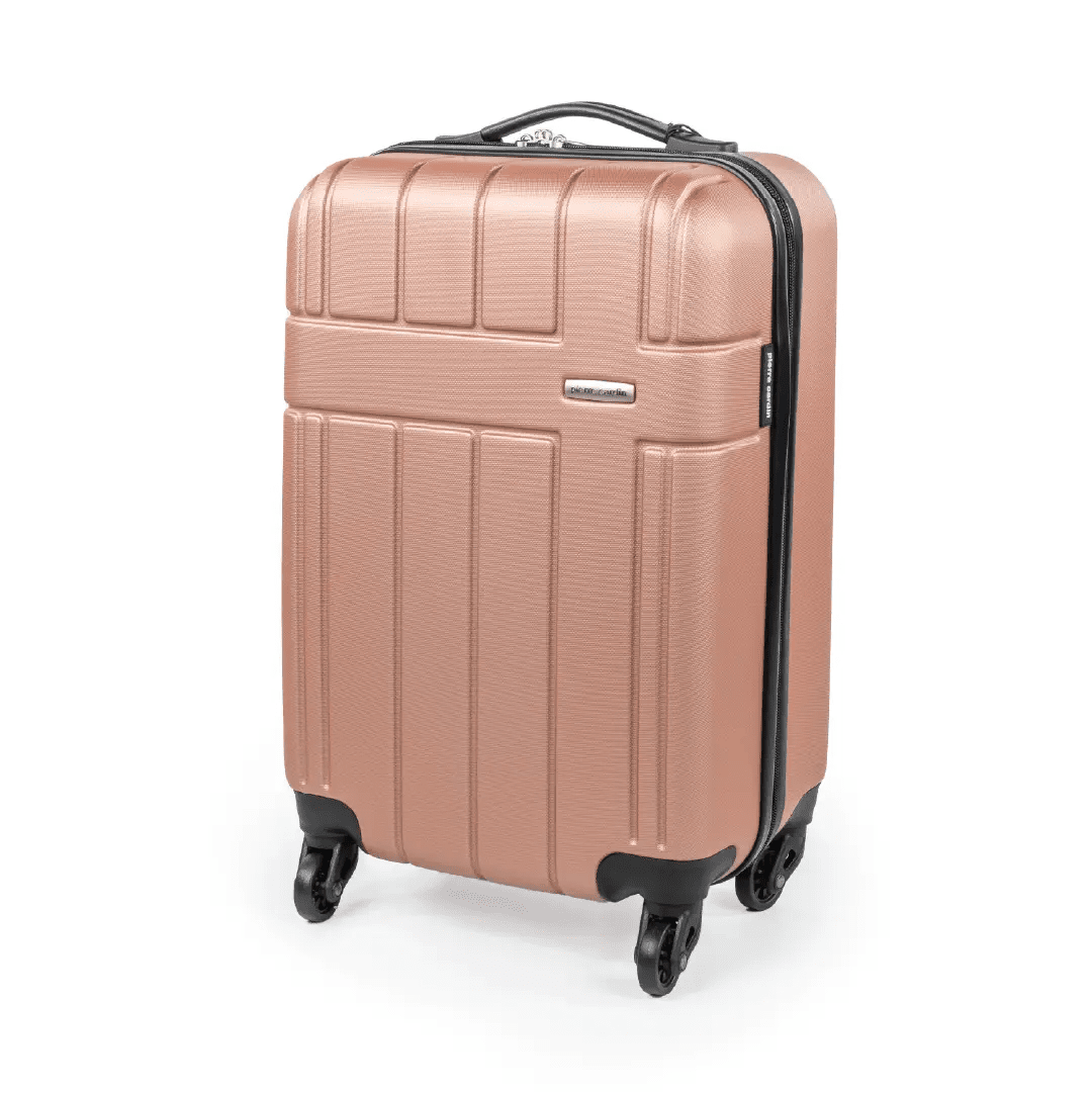 Rose gold suitcase with black wheels on a white background
