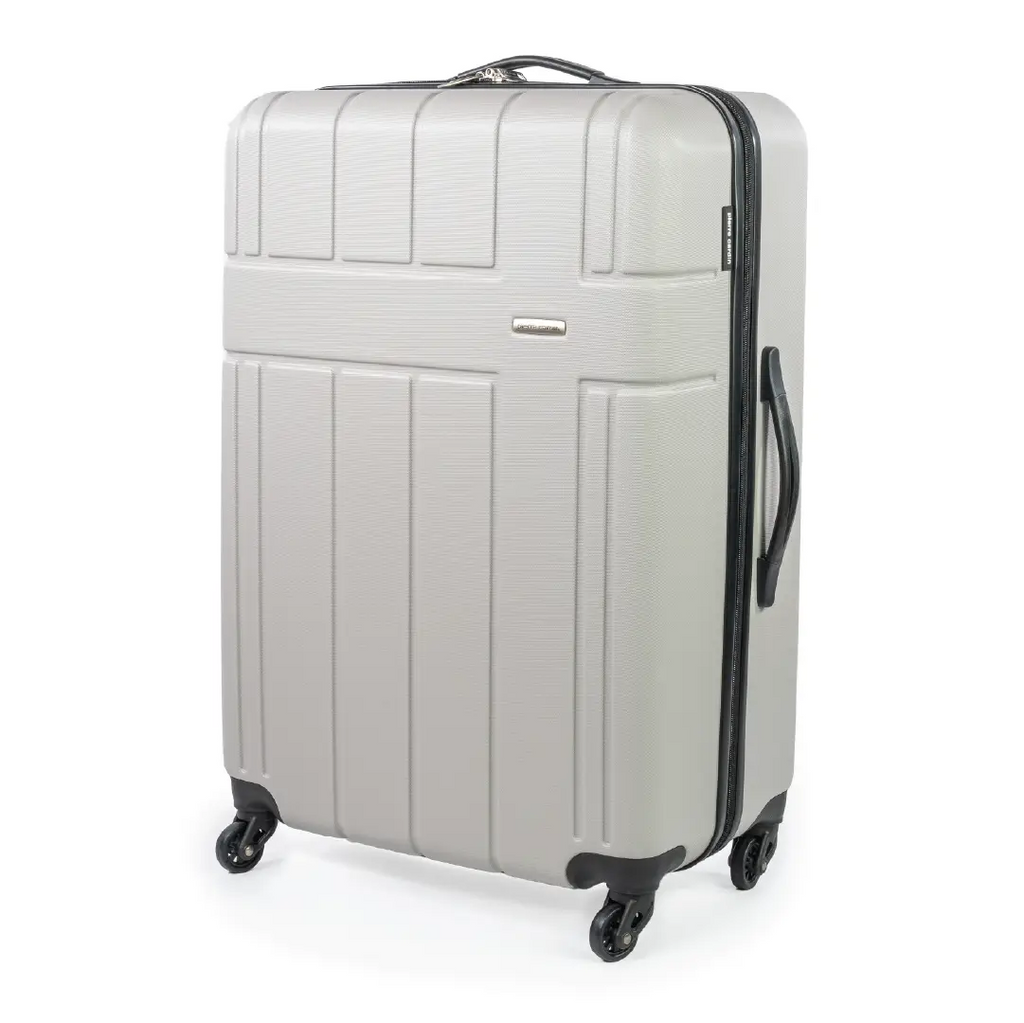 Gray suitcase with black wheels and handle on a white background