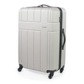 Gray suitcase with black wheels and handle on a white background