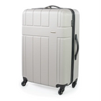 Gray suitcase with black wheels and handle on a white background