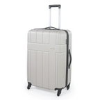Light gray suitcase with black wheels and handle on a white background