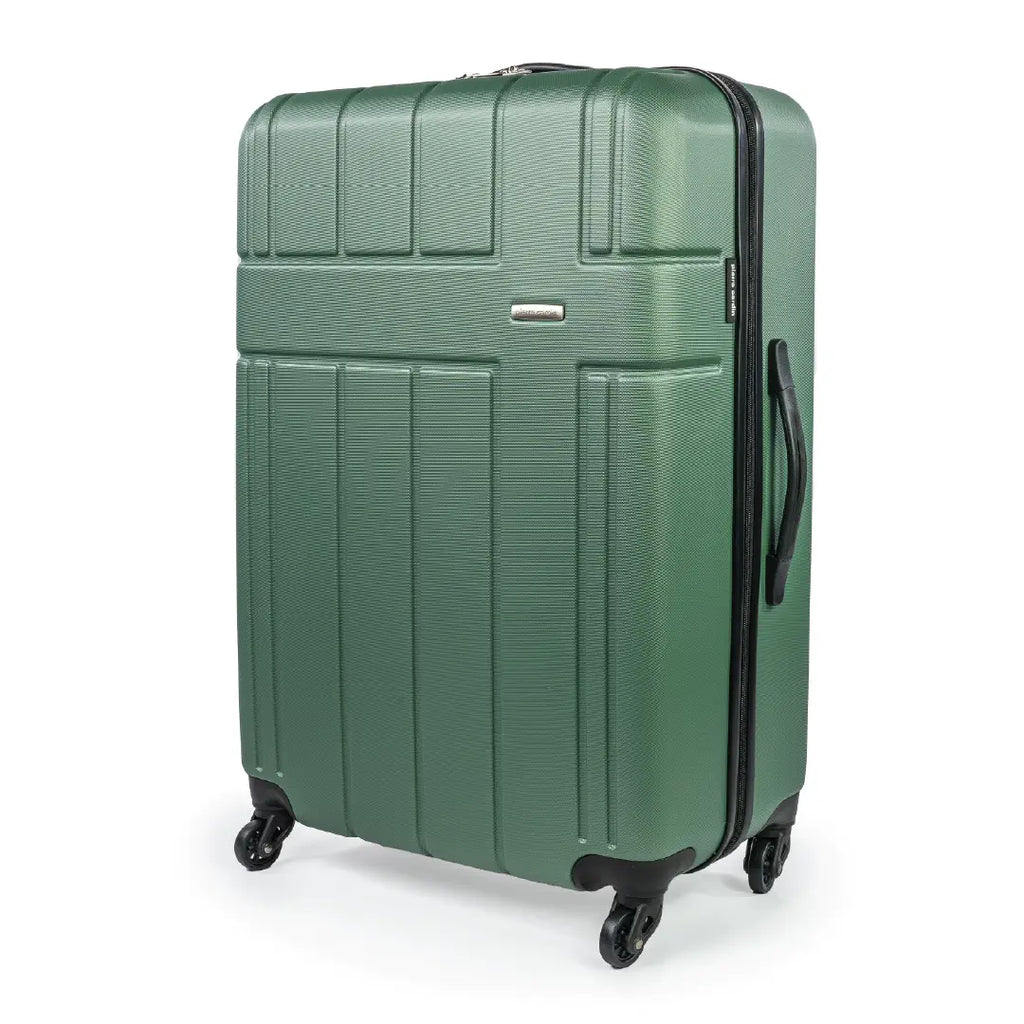 Green suitcase with black wheels on a white background