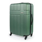 Green suitcase with black wheels on a white background
