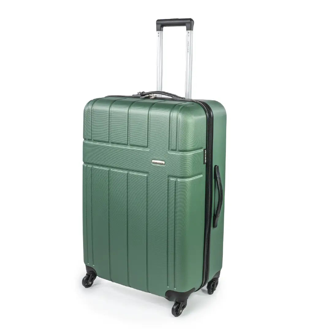 Green suitcase with a textured surface on a white background