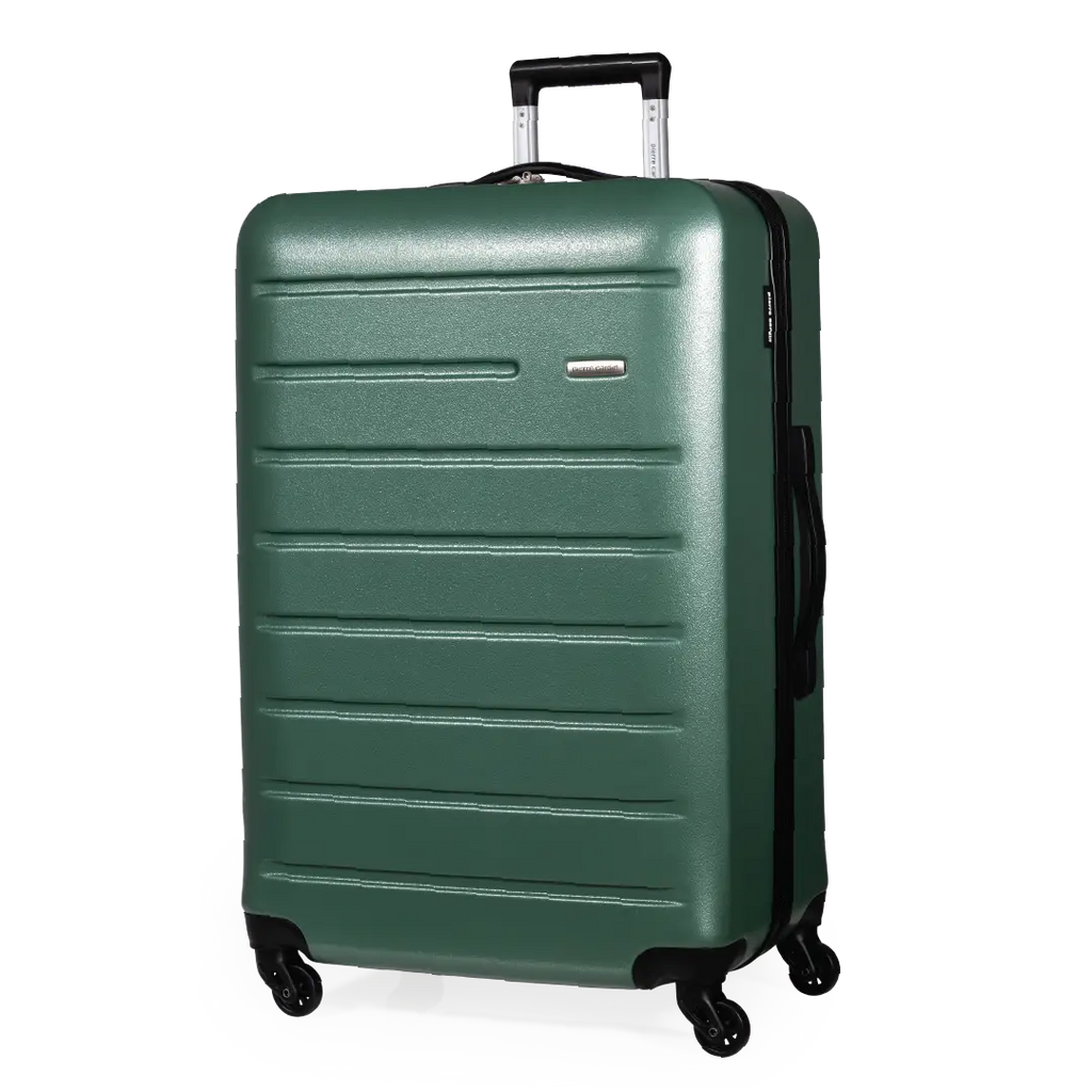 Green suitcase with a visible brand logo on a white background