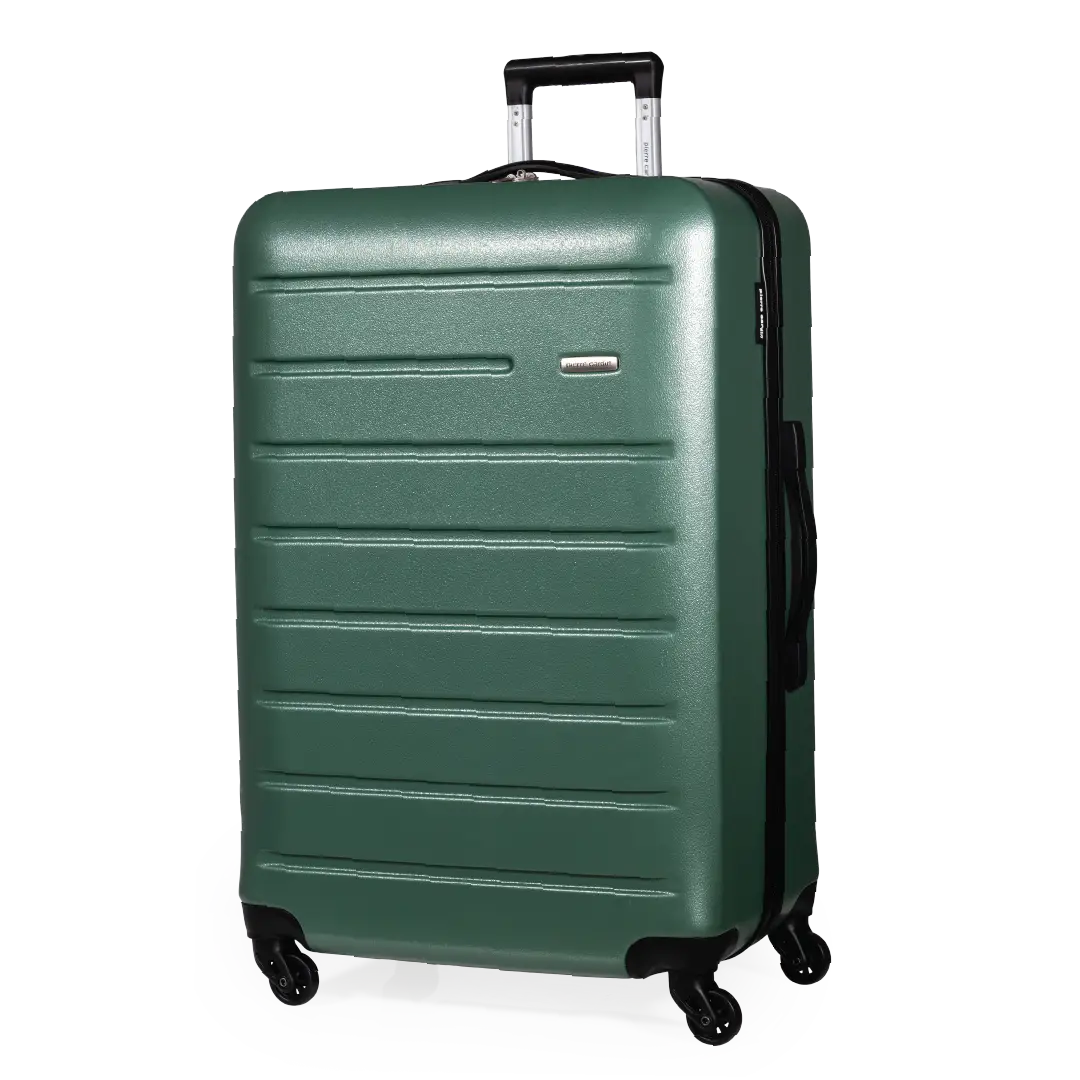 Green suitcase with a visible brand logo on a white background