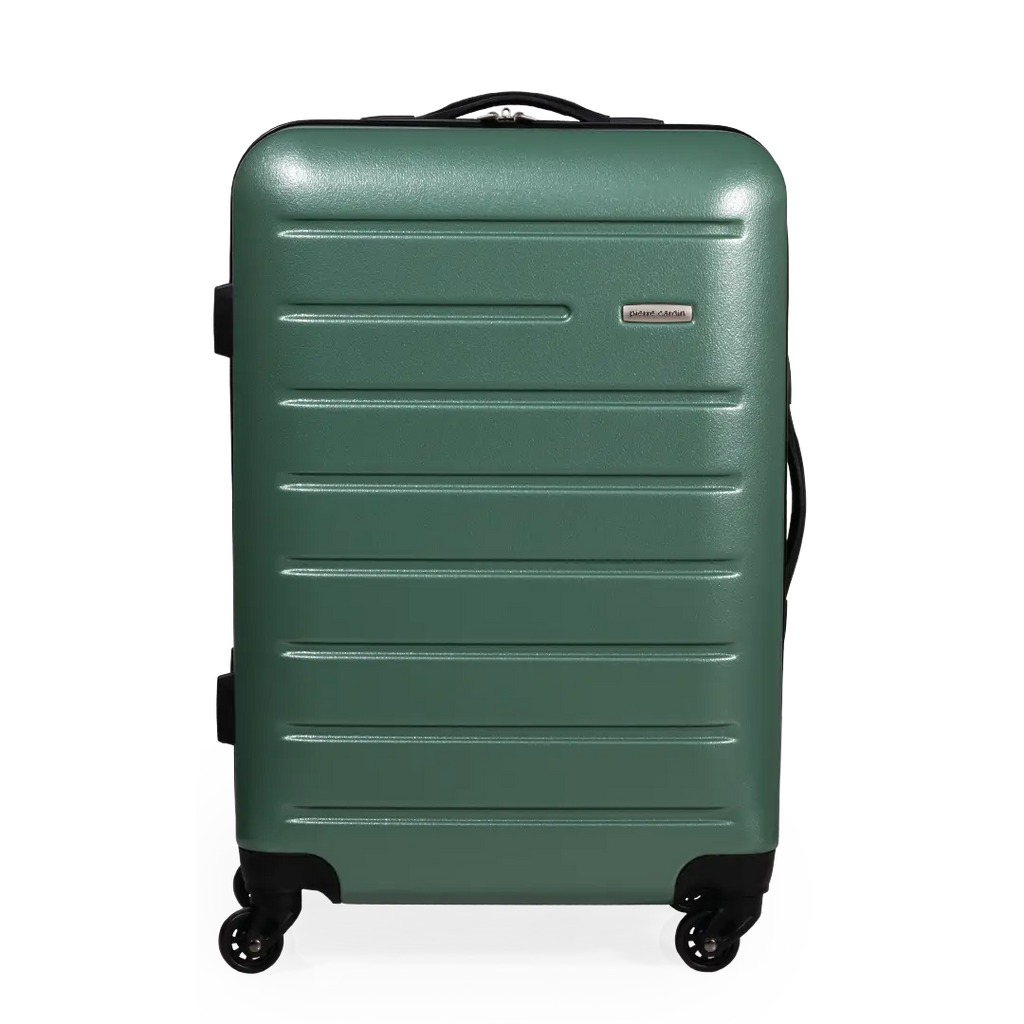 Green suitcase with a visible brand logo on a white background