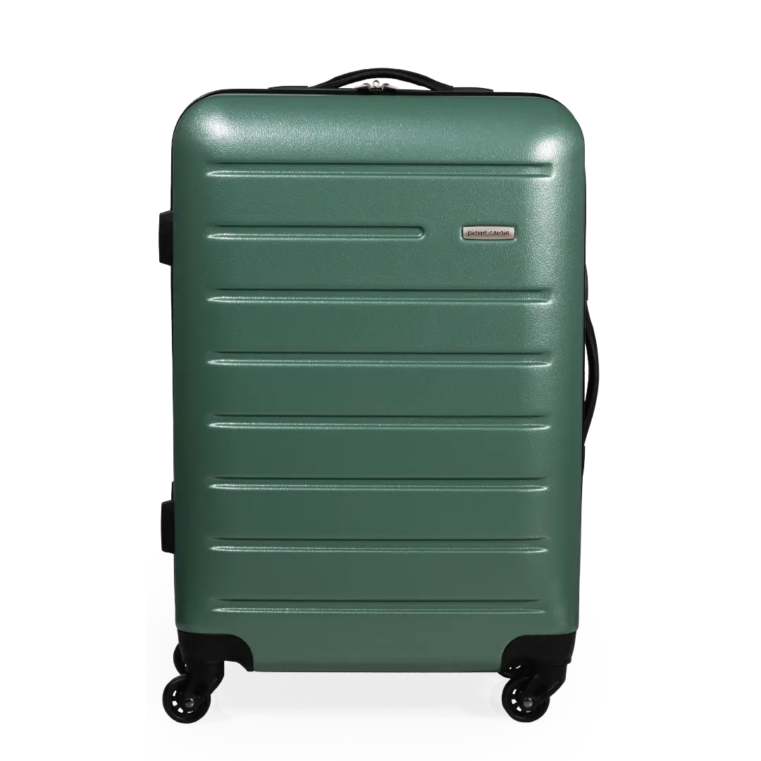 Green suitcase with a visible brand logo on a white background