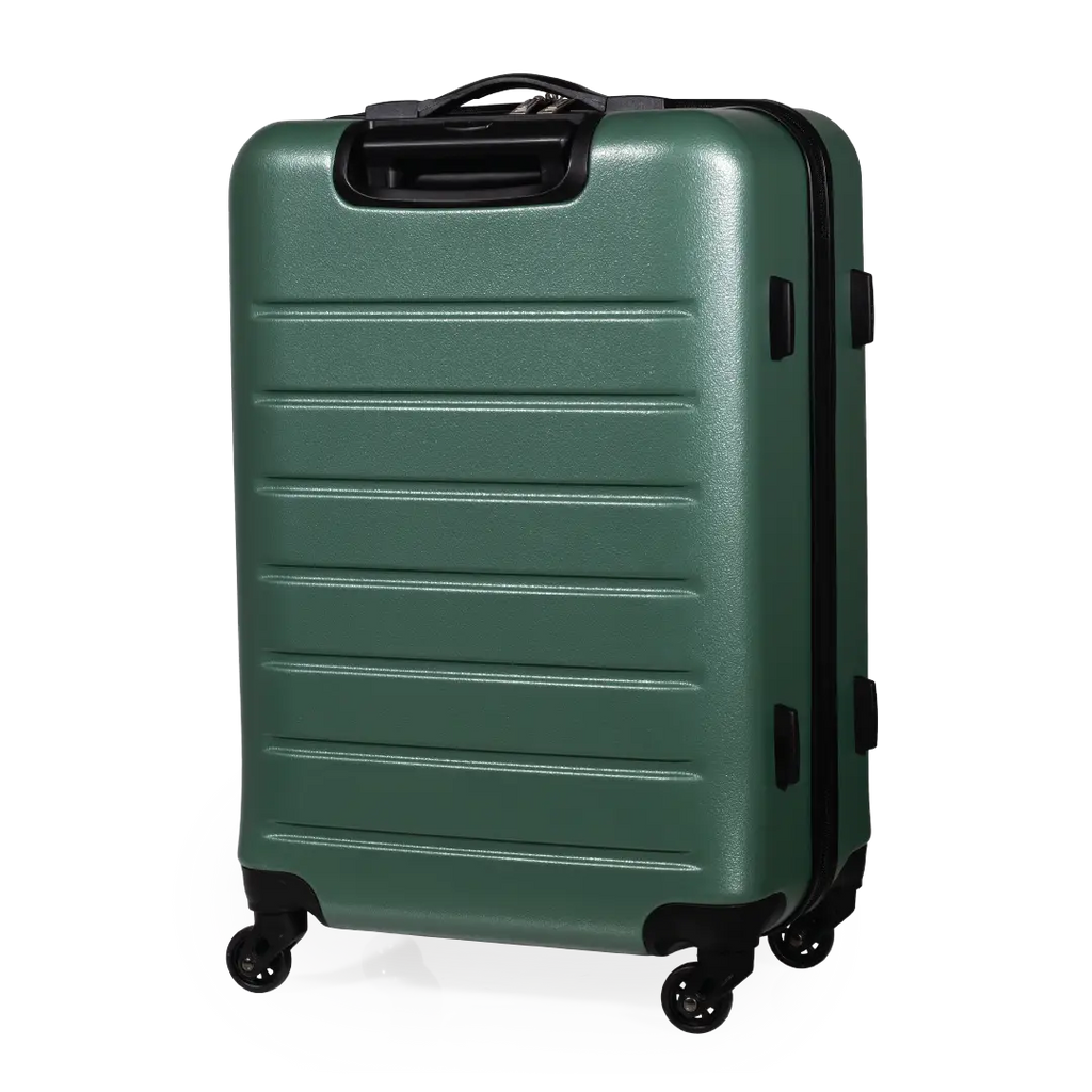 Green suitcase with black wheels on a white background