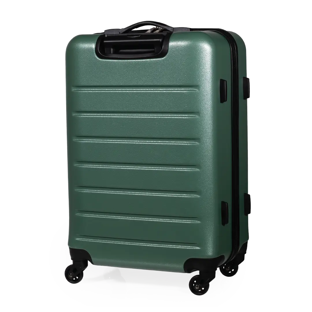 Green suitcase with black wheels on a white background