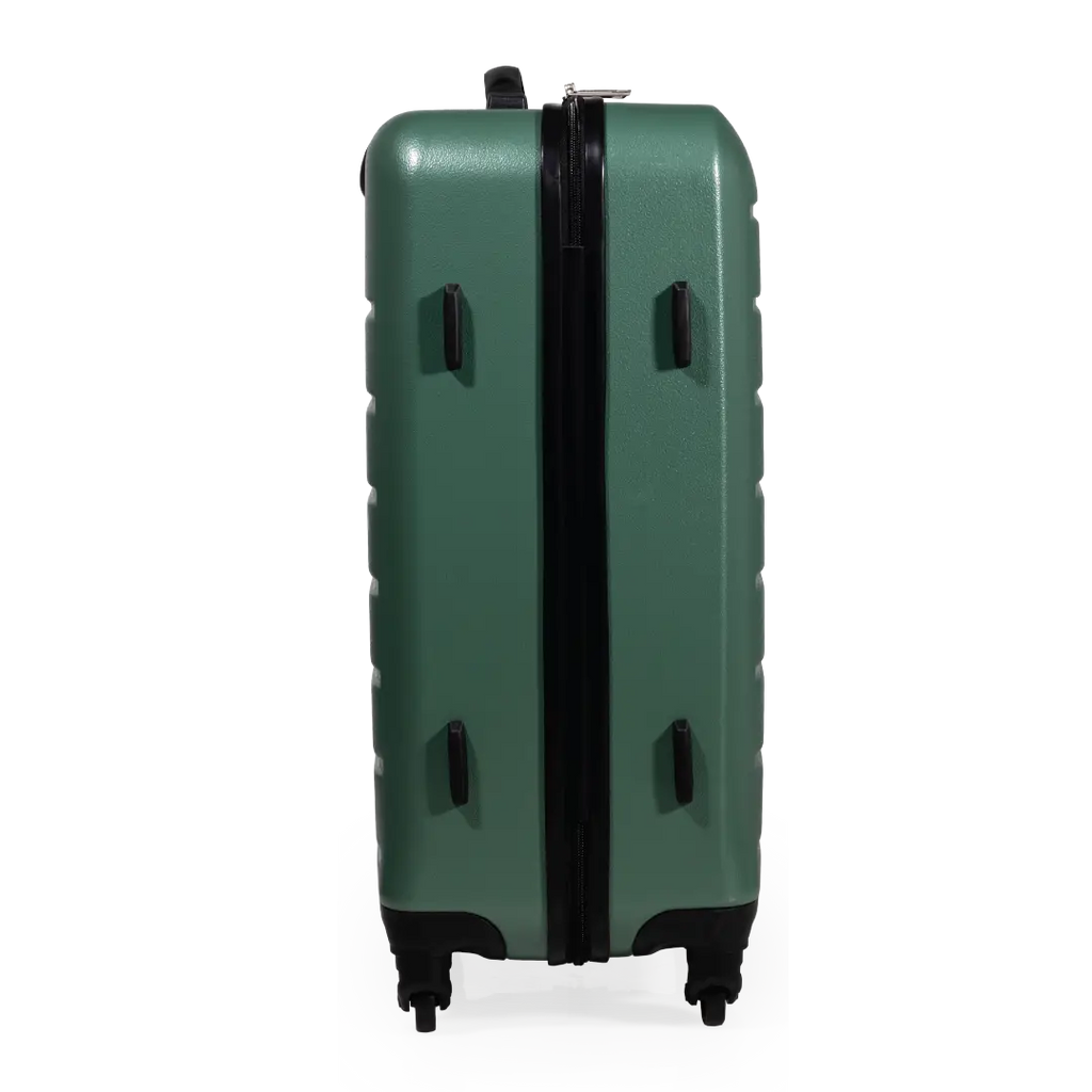 Green suitcase with black zipper on a white background