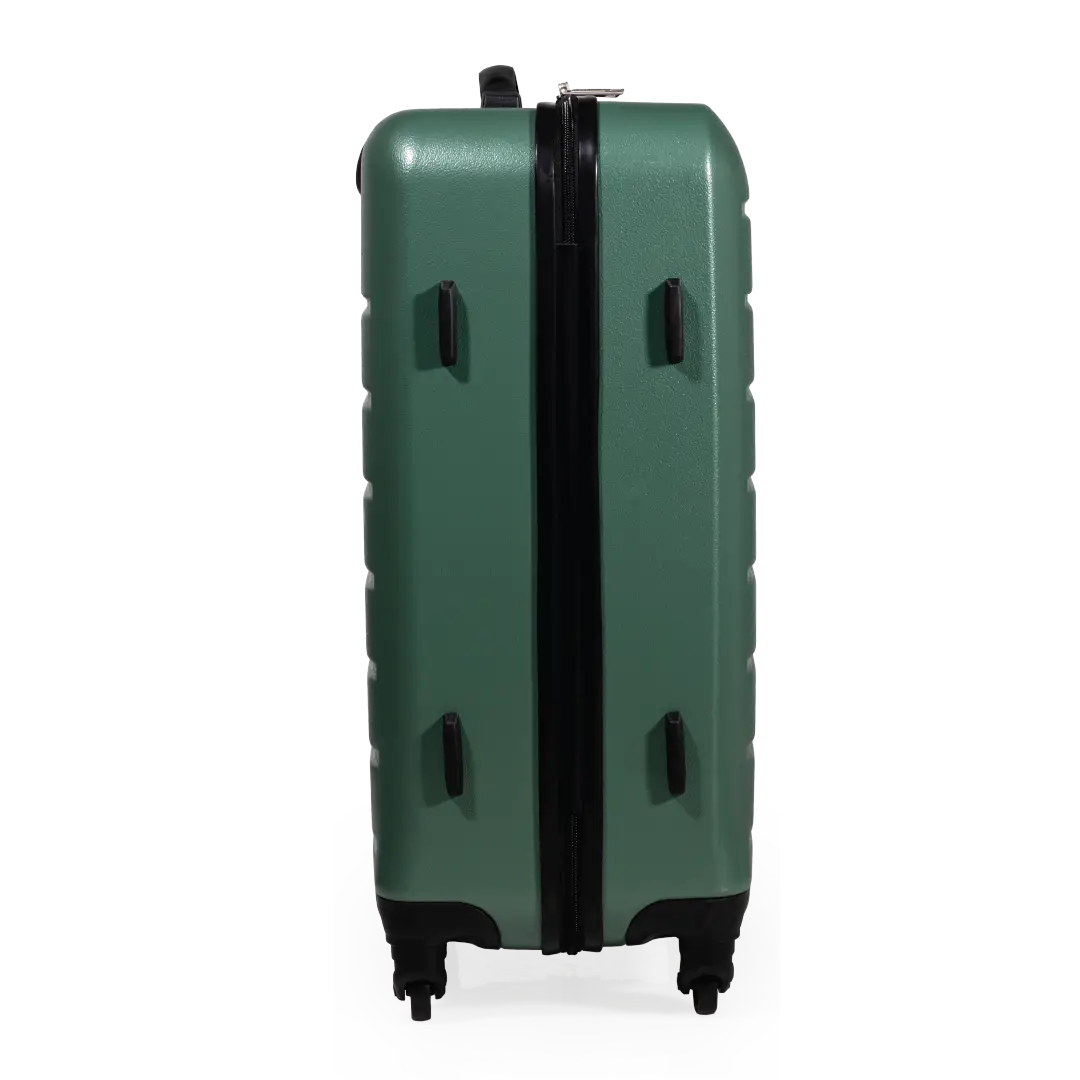 Green suitcase with black zipper on a white background