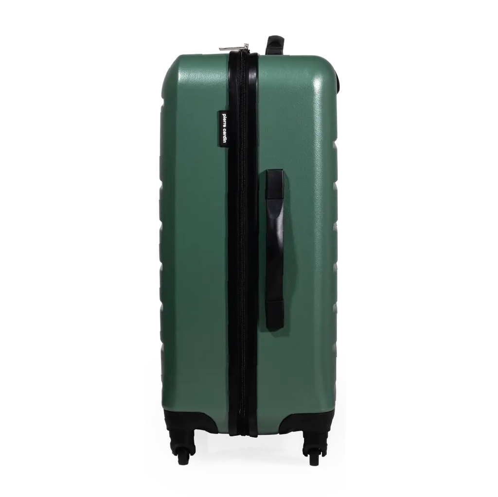 Green suitcase with black handle and wheels on a white background