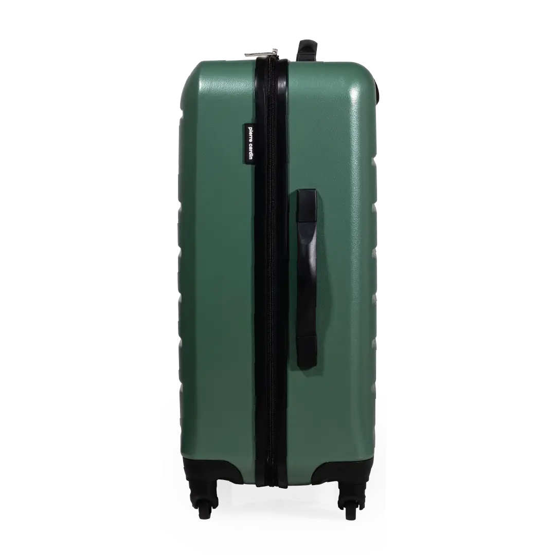 Green suitcase with black handle and wheels on a white background