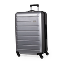 Silver suitcase with black handle and wheels on a white background