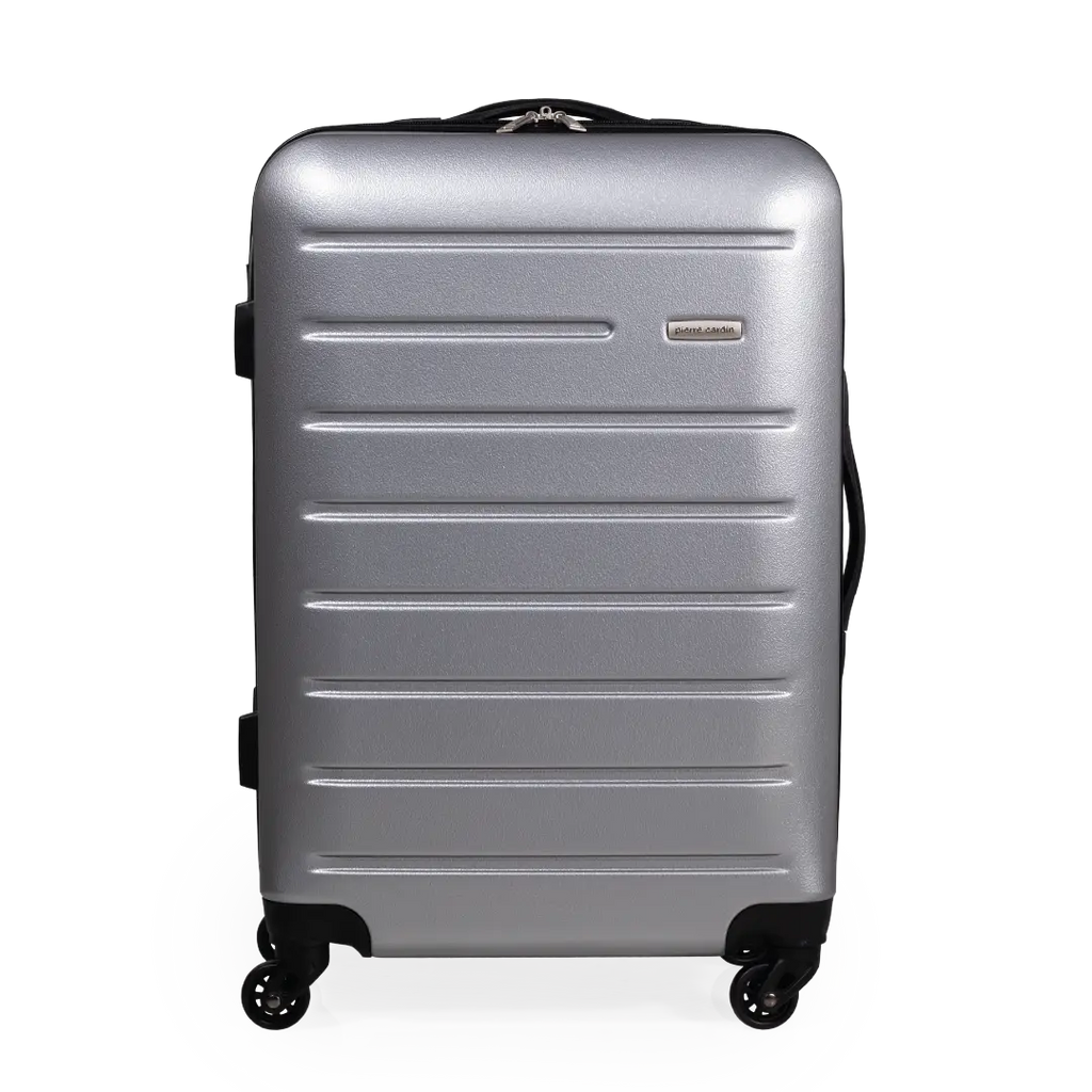 Silver suitcase with black wheels on a white background