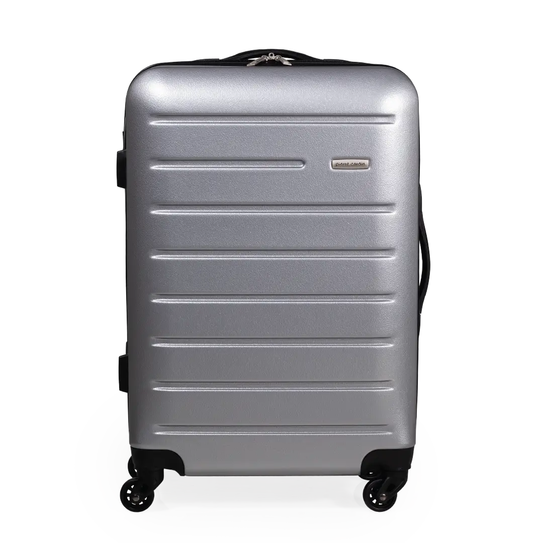 Silver suitcase with black wheels on a white background