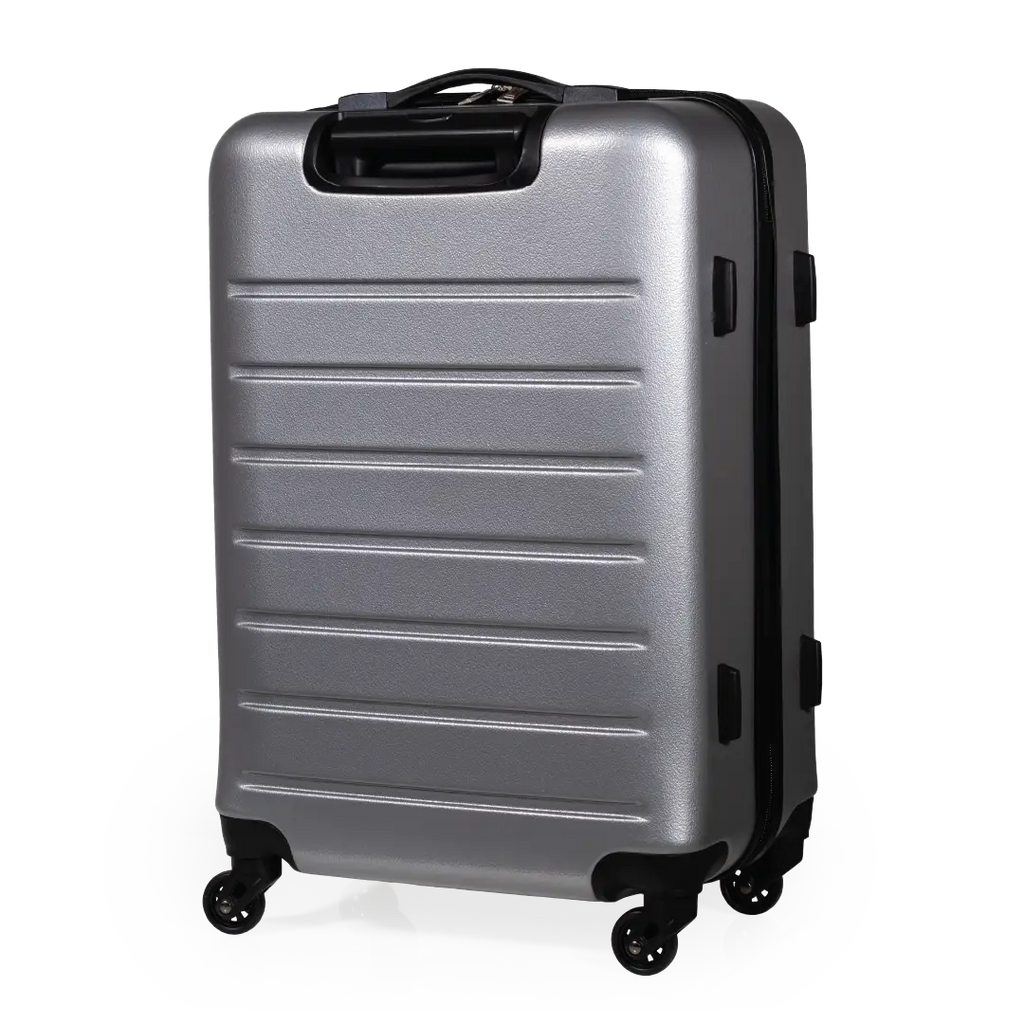 Silver suitcase with black wheels on a white background