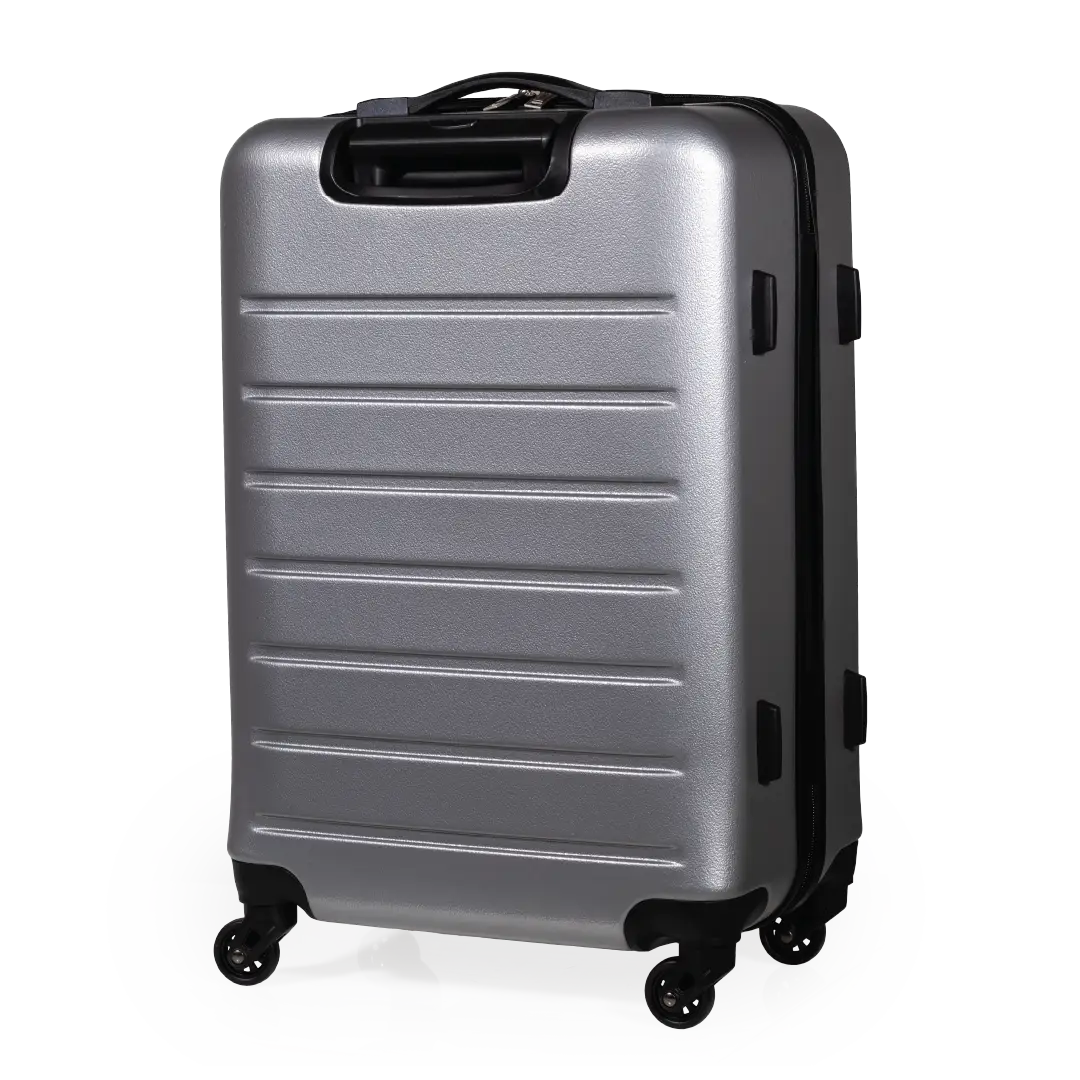 Silver suitcase with black wheels on a white background