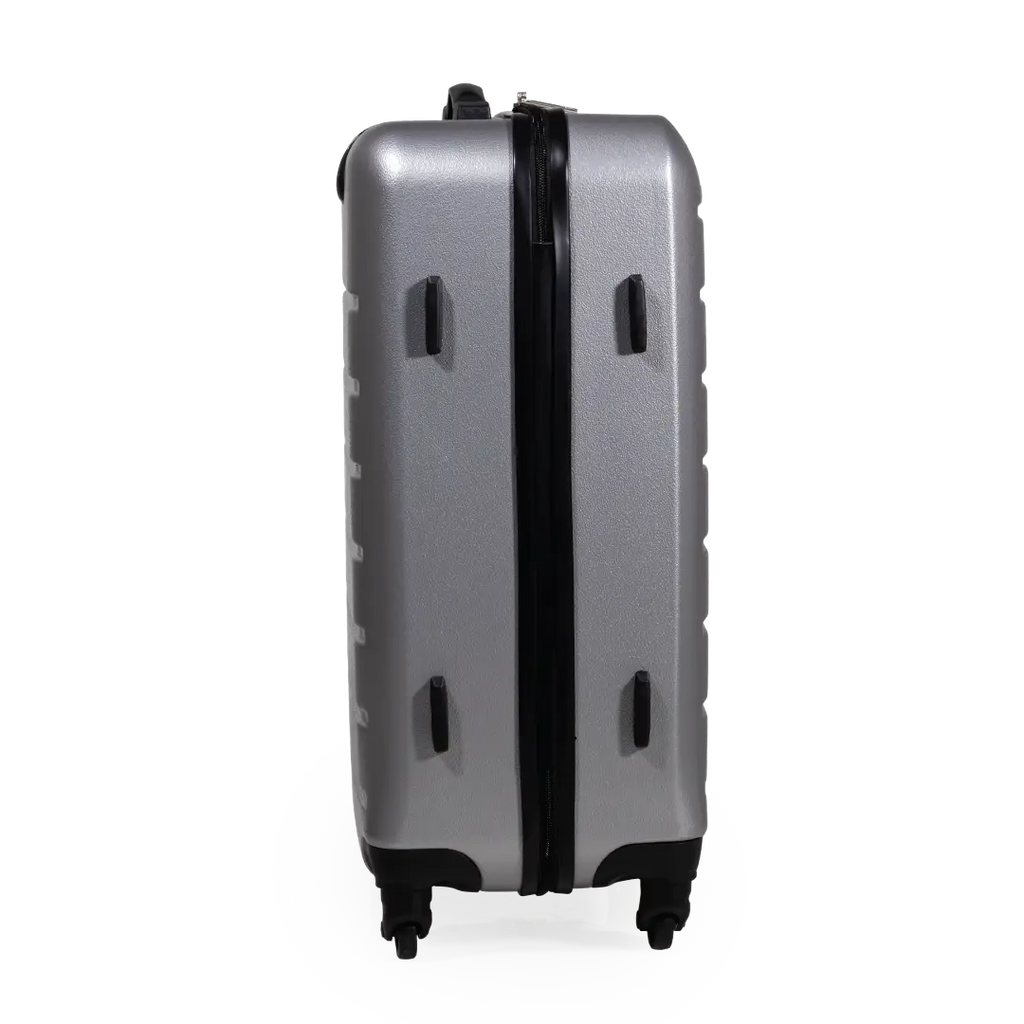 Silver suitcase with black accents on a white background