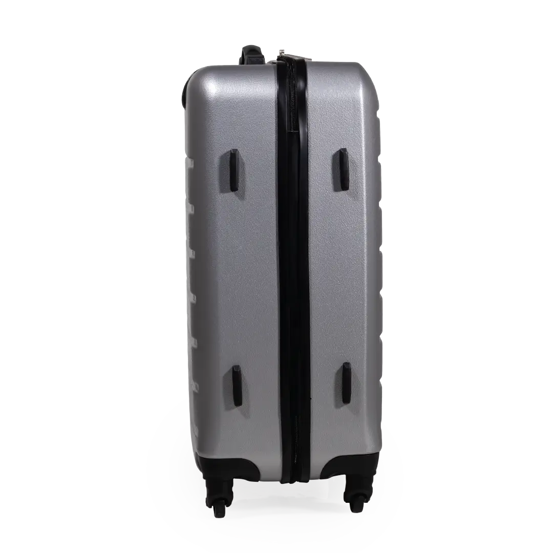 Silver suitcase with black accents on a white background