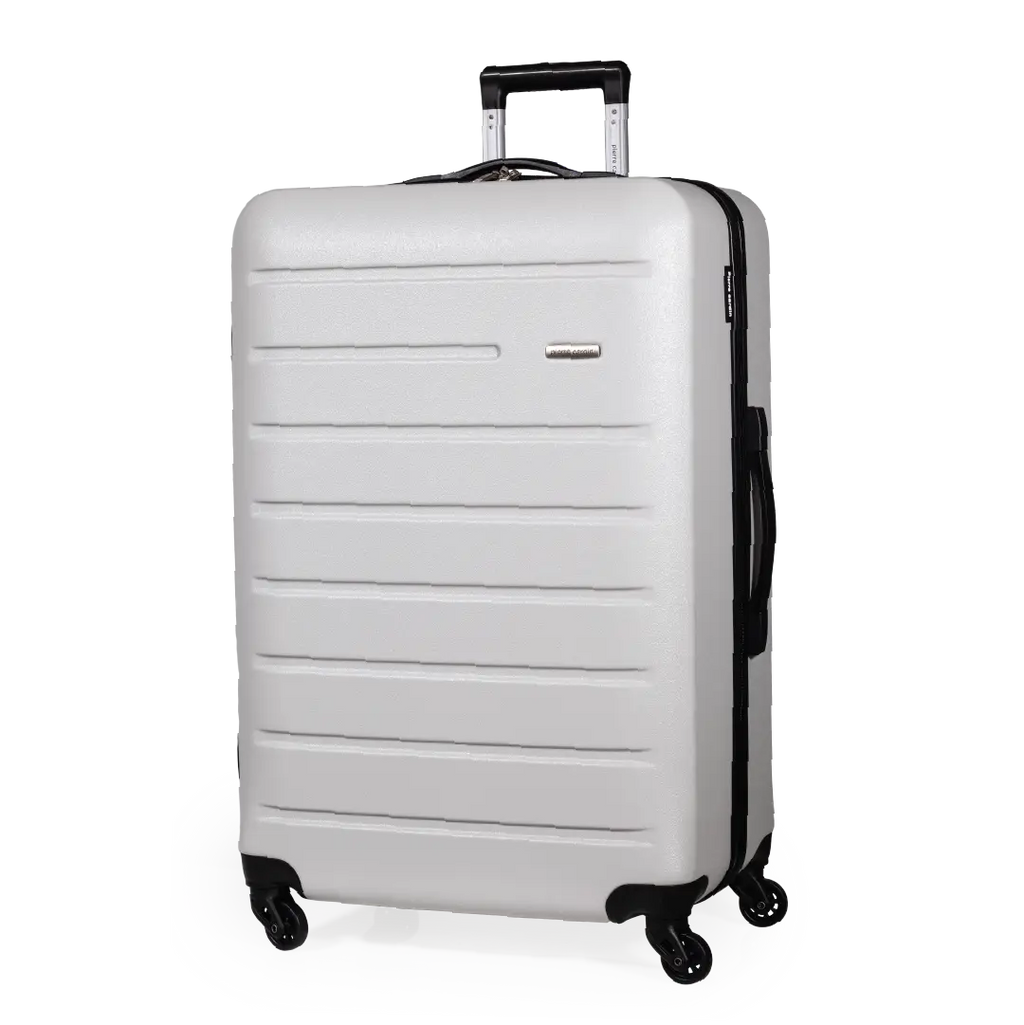 White suitcase with black wheels and handle on a white background