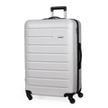 White suitcase with black wheels and handle on a white background