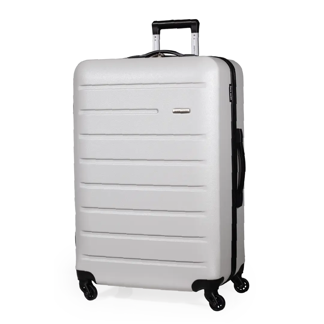 White suitcase with black wheels and handle on a white background