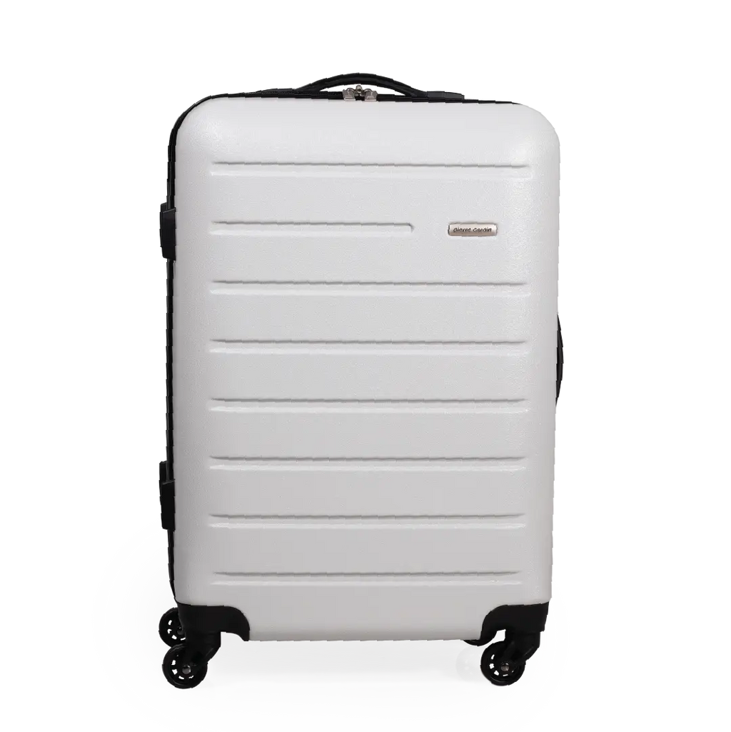 White suitcase with black wheels and handle on a white background