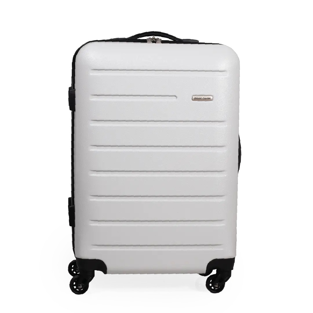 White suitcase with black wheels and handle on a white background