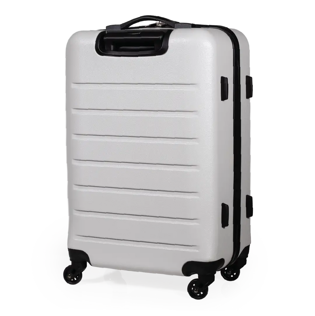 White suitcase with black wheels and handle on a white background