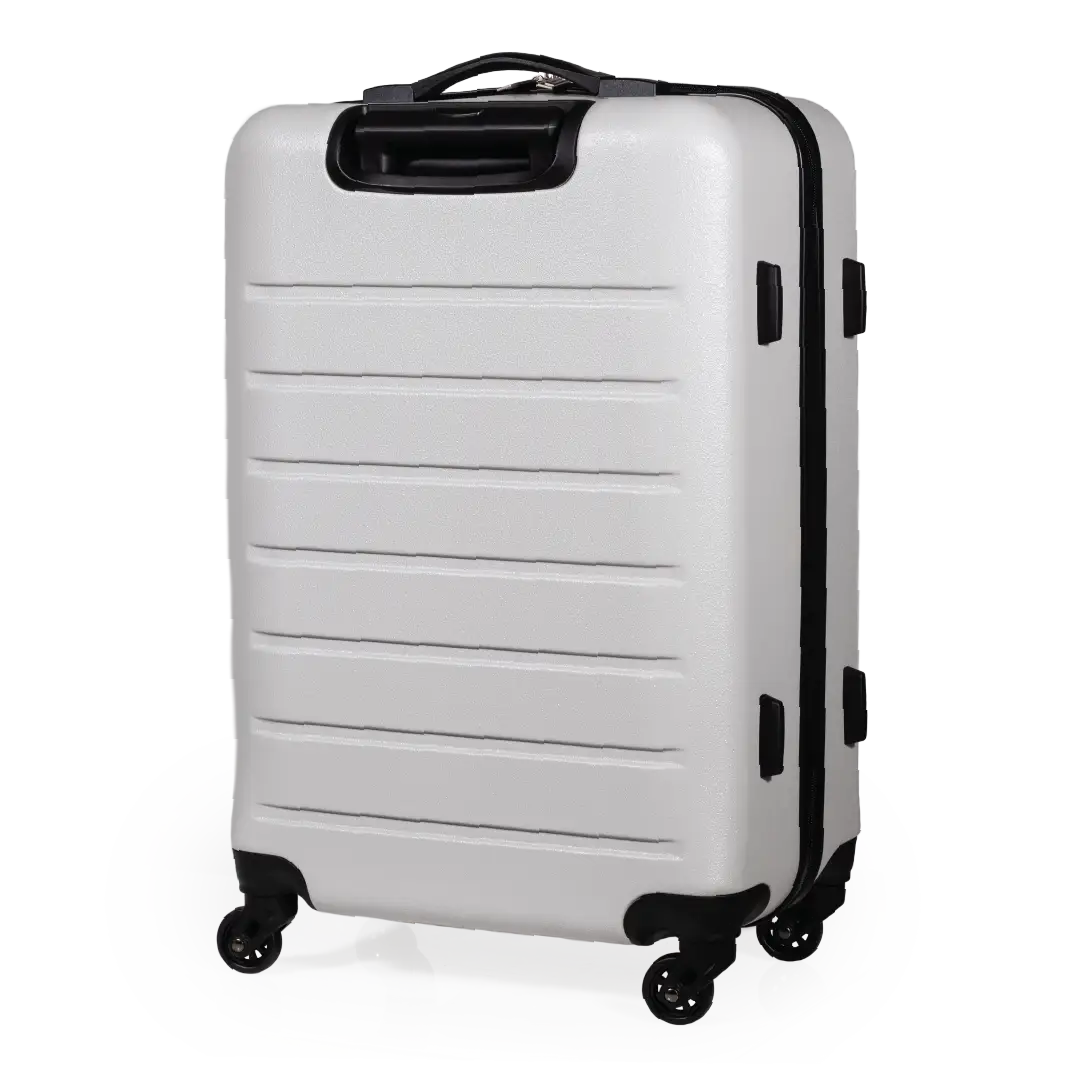 White suitcase with black wheels and handle on a white background